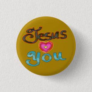 Badge Rond 2,50 Cm "Jésus t'aime" avec Coeur rose sur Or