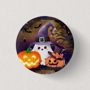 Badge Rond 2,50 Cm Joli fantôme d'Halloween avec chapeau de sorcière