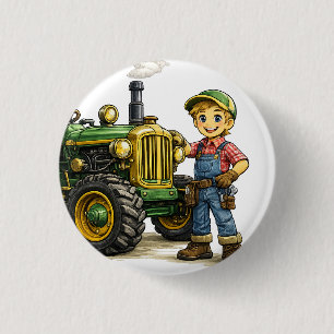 Badge Rond 2,50 Cm Joli Garçon Fermier Avec Art de Tracteur Vert Vint