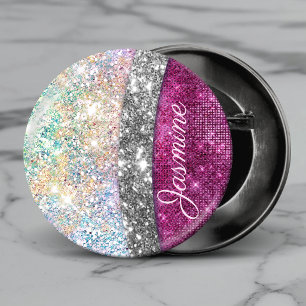 Badge Rond 2,50 Cm Joli monogramme iridescent rose argent faux paille