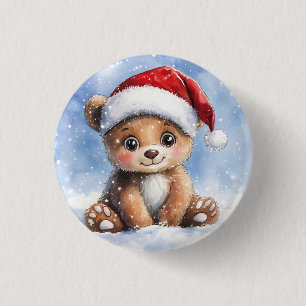 Badge Rond 2,50 Cm Joli Noël d'hiver ours en peluche Santa aquarelle