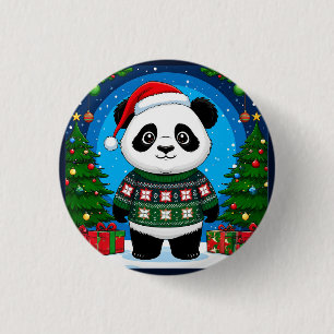 Badge Rond 2,50 Cm Joli panda en pull de Noël portant un chapeau de P
