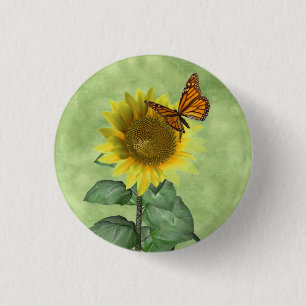 Badge Rond 2,50 Cm Joli tournesol jaune et papillon orange