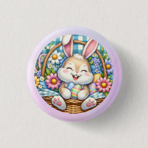 Badge Rond 2,50 Cm Joyeuses Pâques avec un lapin mignon, des œufs et 