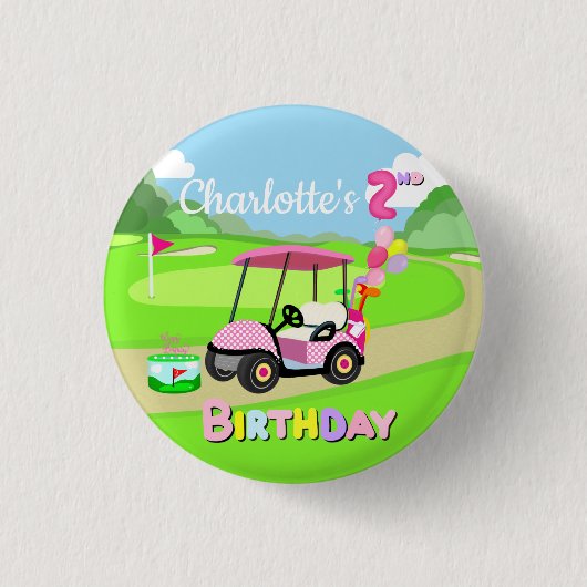 Badge Rond 2,50 Cm Joyeux 2e anniversaire Polka Dot Rose Girly Golf (Devant)