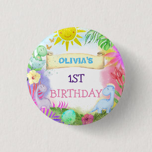 Badge Rond 2,50 Cm Joyeux Anniversaire Petite Fille aux Dinosaures Mi
