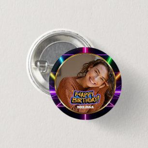 Badge Rond 2,50 Cm Joyeux Anniversaire Photo & Nom personnalisés Néo-