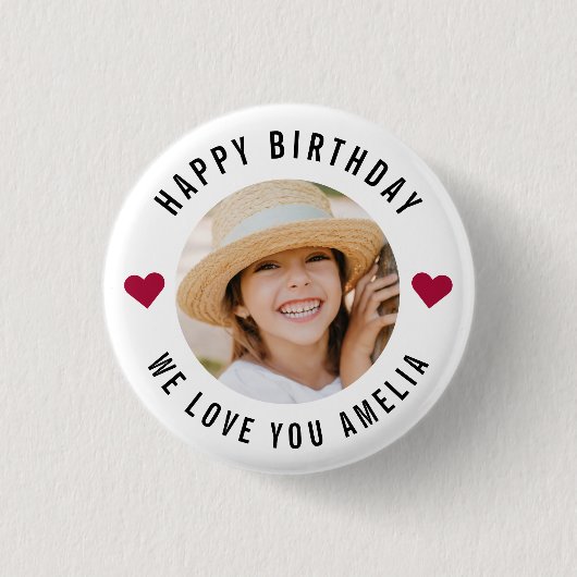Badge Rond 2,50 Cm Joyeux Anniversaire Photo Simple Chic Coeurs Moder (Devant)
