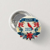 Badge Rond 2,50 Cm Joyeux Noël et Bonne Année ! Oiseau rouge 2024 (Devant & derrière)