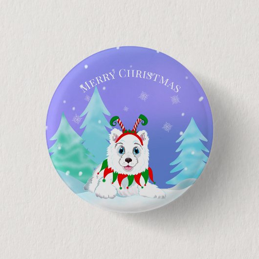 Badge Rond 2,50 Cm Joyeux Noël Samoyé Avec Un Bouton Elf (Devant)