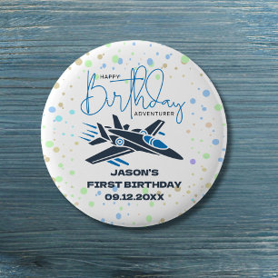 Badge Rond 2,50 Cm Joyeux premier anniversaire Jet Fighter Avion Bleu