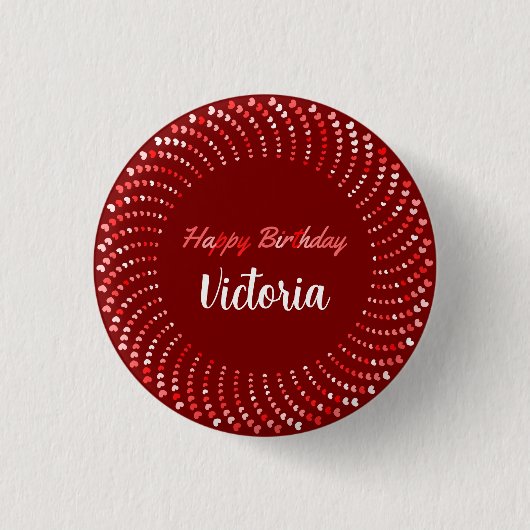Badge Rond 2,50 Cm Joyeux texte d'anniversaire avec les coeurs rouges (Devant)