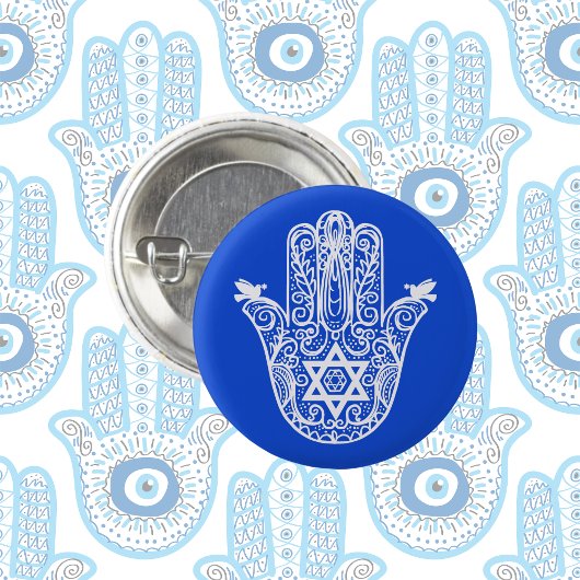 Badge Rond 2,50 Cm Juif bleu et blanc La main de Miriam Hamsa