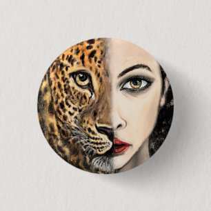 Badge Rond 2,50 Cm Leopard Girl Visage Imaginaire Peinture Art animal