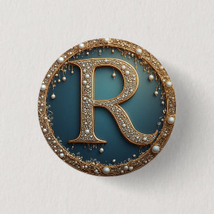Badge Rond 2,50 Cm Lettre initiale R en monogramme doré