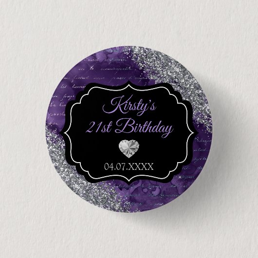 Badge Rond 2,50 Cm Lettres de sirène mauve Parties scintillant d'arge (Devant)