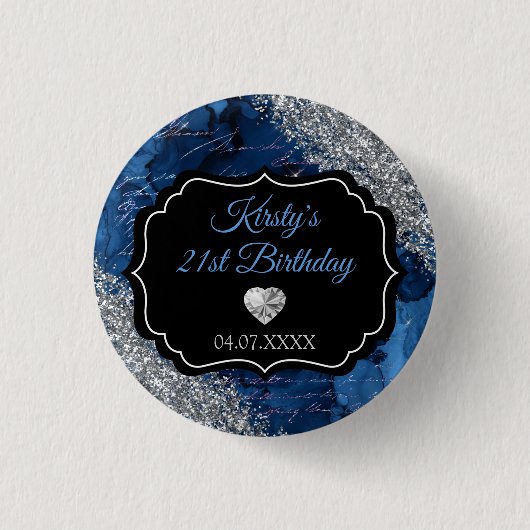 Badge Rond 2,50 Cm Lettres Sirène Bleue Parties scintillant Argent An (Devant)