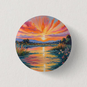 Badge Rond 2,50 Cm Lever de soleil à l'aquarelle de l'étang