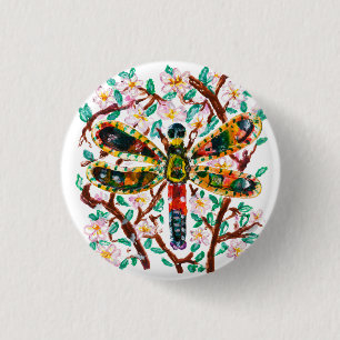 Badge Rond 2,50 Cm Libellule Colorée Parmi les Fleurs de Cerisier