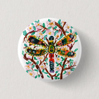 Badge Rond 2,50 Cm Libellule Colorée Parmi les Fleurs de Cerisier
