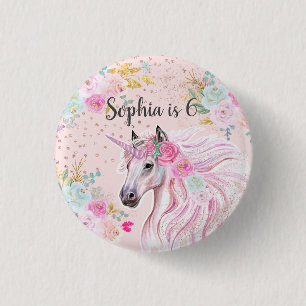 Badge Rond 2,50 Cm Licorne Fille Rose Floral Paillettes Dorées Nom Âg