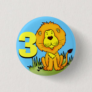 Badge Rond 2,50 Cm Lion age 3 bouton d'anniversaire orange jaune bleu