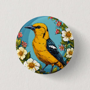 Badge Rond 2,50 Cm Loriot doré coloré parmi les fleurs épanouies