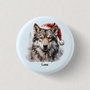 Badge Rond 2,50 Cm Loup gris Santa Chapeau Monogramme Nom Noël