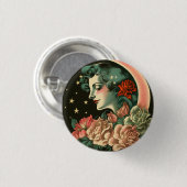 Badge Rond 2,50 Cm Lune Art Déco Retro Dame & Fleurs (Devant & derrière)