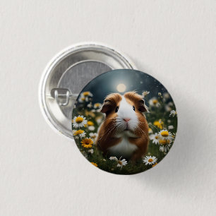 Badge Rond 2,50 Cm Lune De Cochon Et Marguerites Brown Et Blanche,