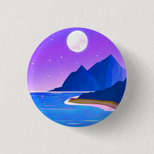 Badge Rond 2,50 Cm Lune, Etoiles Mer et Montagnes en Violet et Bleu