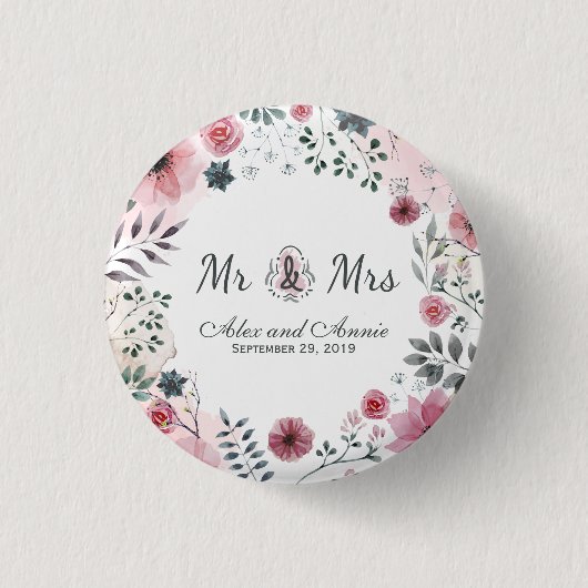 Badge Rond 2,50 Cm M. & Mme Floral Mariage d'aquarelle | Bouton d'épi (Devant)