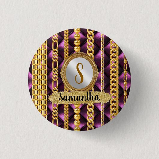 Badge Rond 2,50 Cm Magnifique Velours Violet Or Monogramme Élégant Ch (Devant)