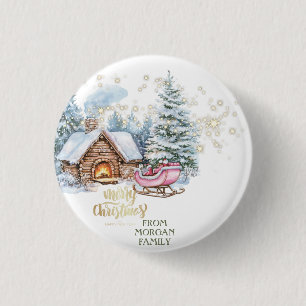 Badge Rond 2,50 Cm Maison de neige de forêt traîneau