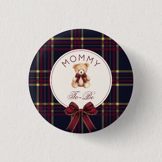 Badge Rond 2,50 Cm Maman à être vin Rouge Plaid Teddy Bear (Devant)