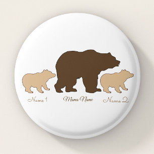 Badge Rond 2,50 Cm Maman Ours Personnalisée Avec 2 Noms d'Enfants Cad