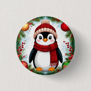 Badge Rond 2,50 Cm Manchot festif décoré d'ornements de fêtes