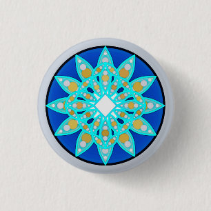 Badge Rond 2,50 Cm Mandala motif en cobalt, gris et turquoise