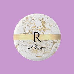Badge Rond 2,50 Cm Marbre Blanc & Or Barre Dorée, Monogramme Personna