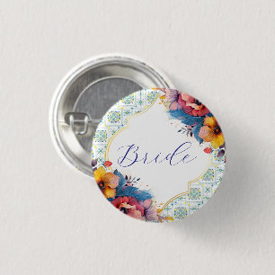 Badge Rond 2,50 Cm Méditerranéenne Fleurie Bleue Future mariée 