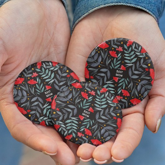 Badge Rond 2,50 Cm Meilleure maman fleurs rouges jardin magique