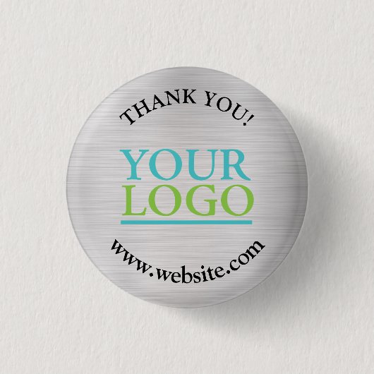 Badge Rond 2,50 Cm Merci, Votre Logo, Nom Site Web, Argent Brossé (Devant)