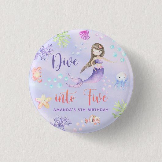 Badge Rond 2,50 Cm Mermaid Girl Dive In Five 5th Birthday Party (Devant)