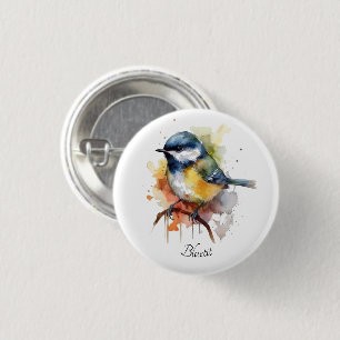 Badge Rond 2,50 Cm Mésange bleue mignonne sur une branche, personnali
