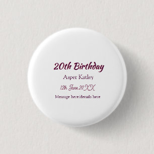 Badge Rond 2,50 Cm Message simple nom date rose violet pour 20e anniv