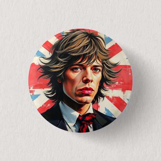 Badge Rond 2,50 Cm Mick Jagger Rolling Stones devant un Union Jac (Devant)