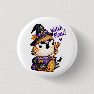 Badge Rond 2,50 Cm Mignon Chibi Moineau Oiseau Sorcière Halloween S'i