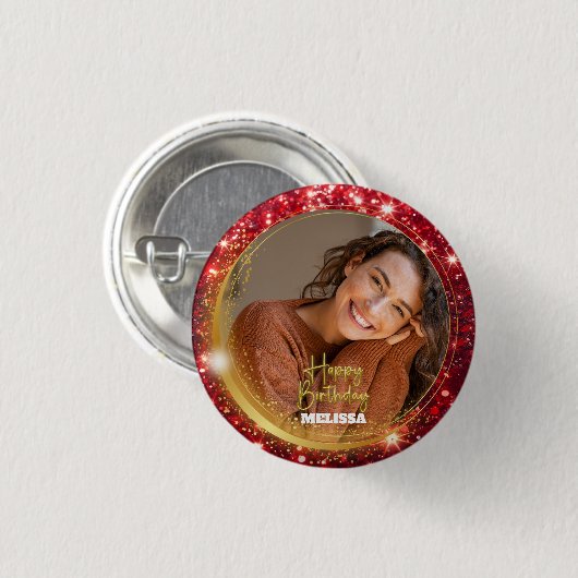 Badge Rond 2,50 Cm Modern Red and Gold Glitter Photo Name Birthday (Devant & derrière)