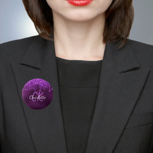 Badge Rond 2,50 Cm Monogramme au nom de gouttes de paillettes violett