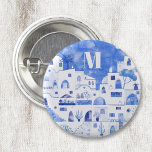 Badge Rond 2,50 Cm Monogramme d'aquarelle de Santorin Grèce<br><div class="desc">Une aquarelle de paysage de la belle île grecque de Santorin. Art original de Nic Squirrell. Modifiez le monogramme initial pour personnaliser.</div>